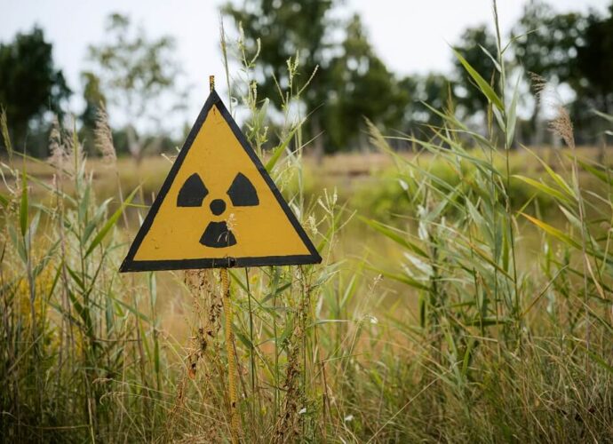 Schild warnt vor radioaktiven Stoffen auf der Wiese