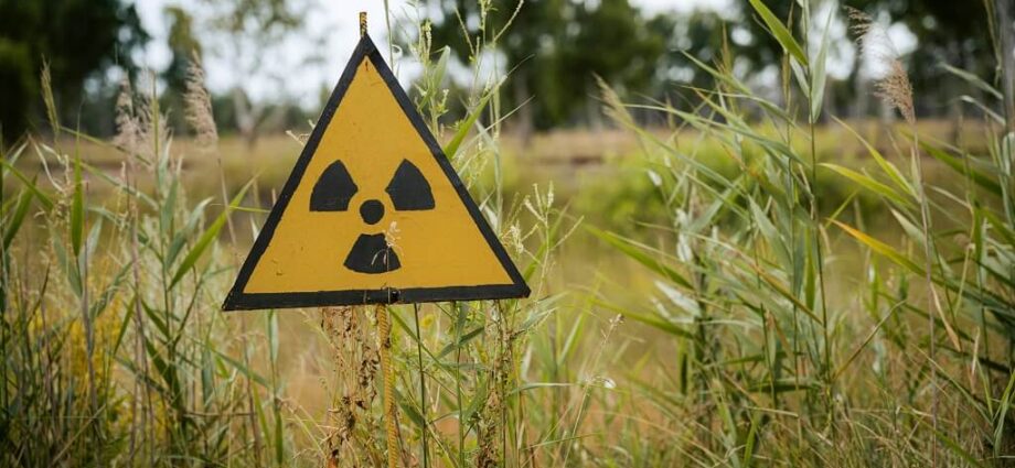 Schild warnt vor radioaktiven Stoffen auf der Wiese